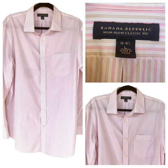 Banana Republic Mens White Pink Tan Striped Long Sleeve Button Down Dress Shirt - Picture 1 of 11